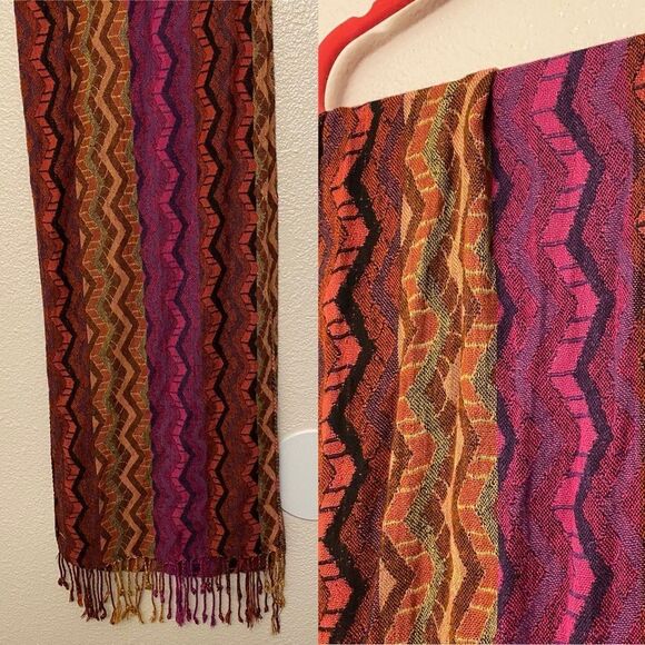 Colorful striped cashmere silk chevron strips print blend scarf fringe 13x80 - Picture 1 of 9
